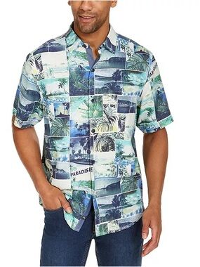 TOMMY BAHAMA 
ISLAND SNAPSHOT CLASSIC FIT TROPICAL PRINT SILK CAMP SHIRT MEN’S L